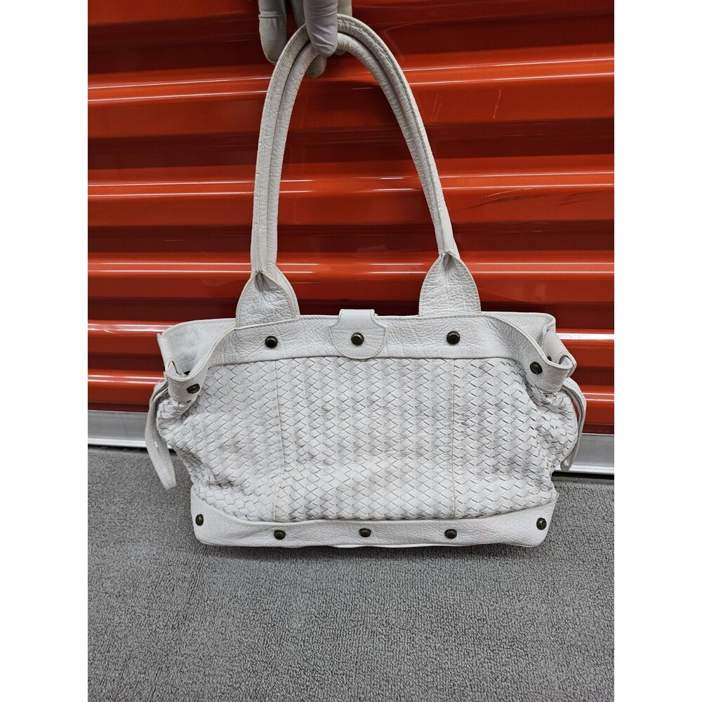 Plinio Visona Leather Woven Shoulder Bag White Made in Italy